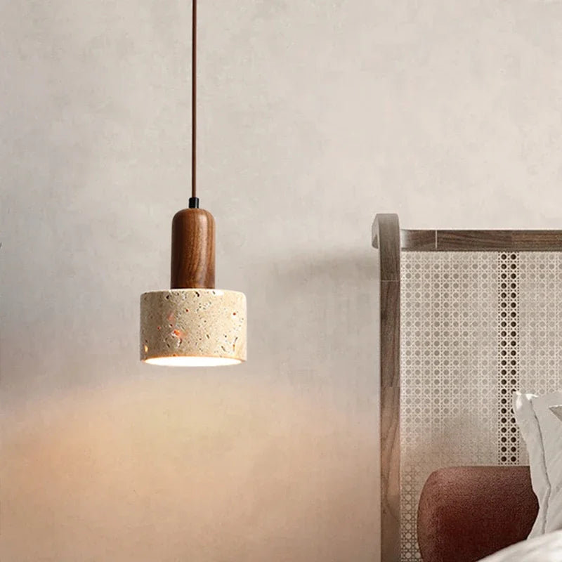 Wabi Sabi Decor Walnut Bedside Hotel Pendant Light Yellow Travertine Stone Chandelier for Dining Table Kitchen Island Restaurant