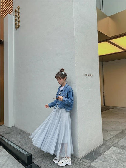 TingYiLi Elegant Tulle Skirt Autumn Winter Big Swing Women Skirt Korean Cute Pink Green Gray Blue Brown Black Long Skirt Tutu