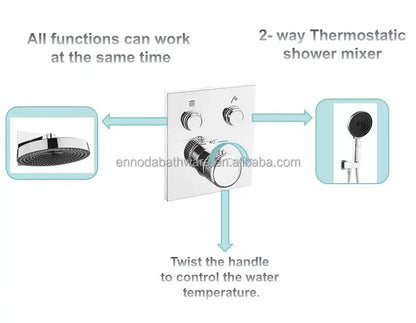 2 Way Built in Wall Concealed Mount Chrome Plated Brass Rainfall High Pressure Douche Square Thermostatic Shower Set