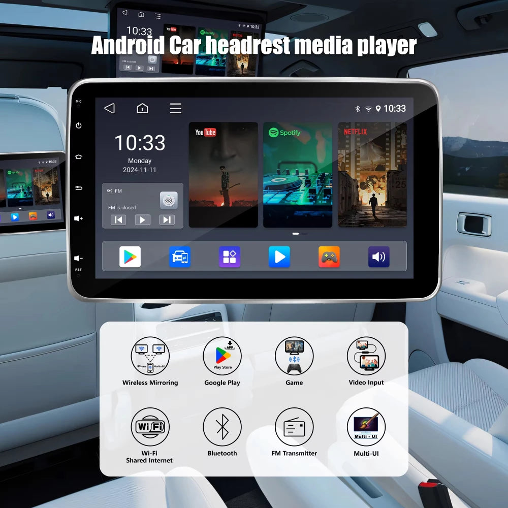 10.1 Inch Android System Car for DVD Headrest Monitor Stereo Rear Seat Entertainment Mirror Link FM Transmitter USB Placement