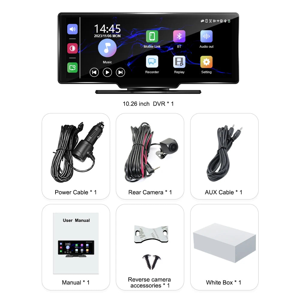 2.5K 10.26" Wireless Car Play Android Auto Portable Navigation Screen With Front Rear Dual Recorder DVR Car Camera