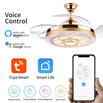 Y040 Wholesale Luxury Crystal Ceiling Fans Remote Control 42inch Invisible Crystal Ceiling Fan Retractable Ceiling Fan