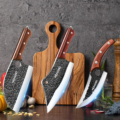 High Carbon Steel Blade Butcher Knife Set Hand Forged with Ergonomic Wooden Handle Kitchen Knife Set