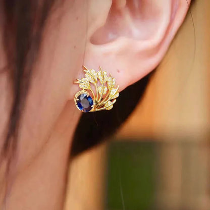 E4723 Golden Stud Earrings With Sapphire And Diamond Plant Design For Women Party Jewelry Classic Style