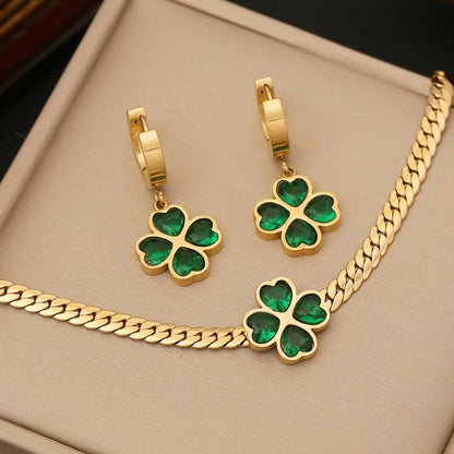 Green 1set Heart Cubic & Flower Shaped Stainless Steel Jewelry Set for Women, 3pcs Including Necklace, Bracelet and Earrings
