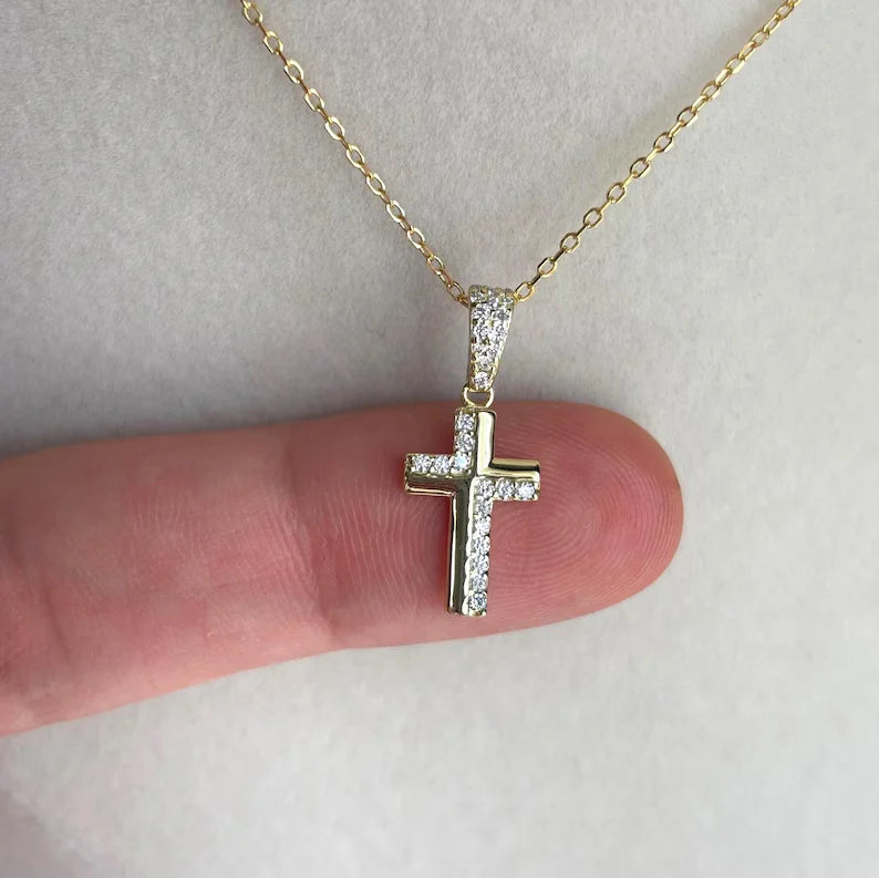 Minimalist 0.12ctw Moissanite Pave Cross Necklace Christian Religious Pendant 14K Gold Plated Cross Charm for Party Occasions