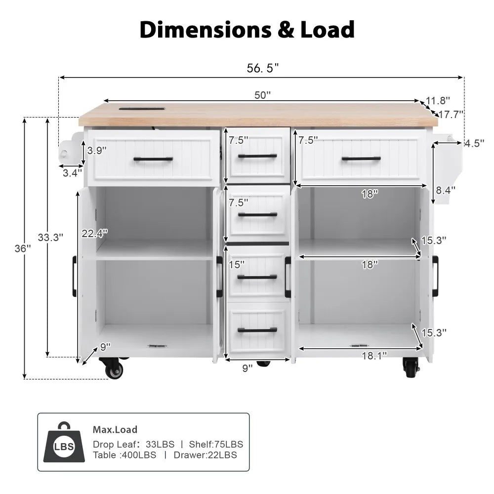 56.5'' Kitchen Island with Drop Leaf, Power Outlet, Embossed Vertical Stripe Rolling Kitchen Cart on Wheels
