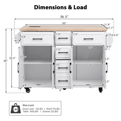 56.5'' Kitchen Island with Drop Leaf, Power Outlet, Embossed Vertical Stripe Rolling Kitchen Cart on Wheels