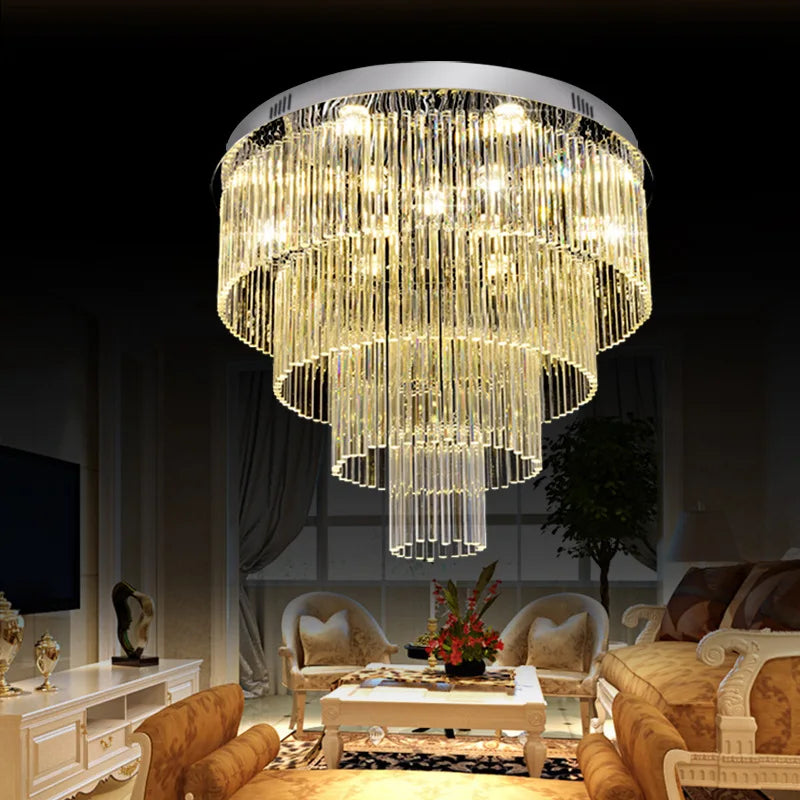 Modern Stainless Steel Ceiling Led Light Round Multi-layer Silver Crystal Chandelier