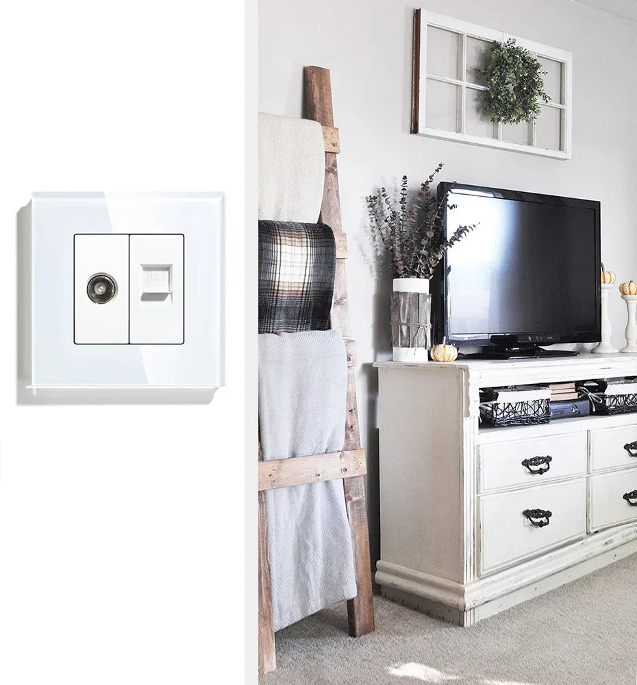 BSEED Single TV CAT5 Internet Socket Double EU Power Socket Triple Germany  With RJ45 Television Wall Sockets Glass Frame