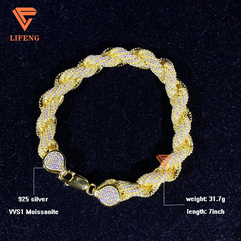 Fine Jewelry Popular White Gold Plated 925 Silver Iced Out Chain 8mm VVS Moissanite Hip Hop Rope Chain Necklace Charm for Men