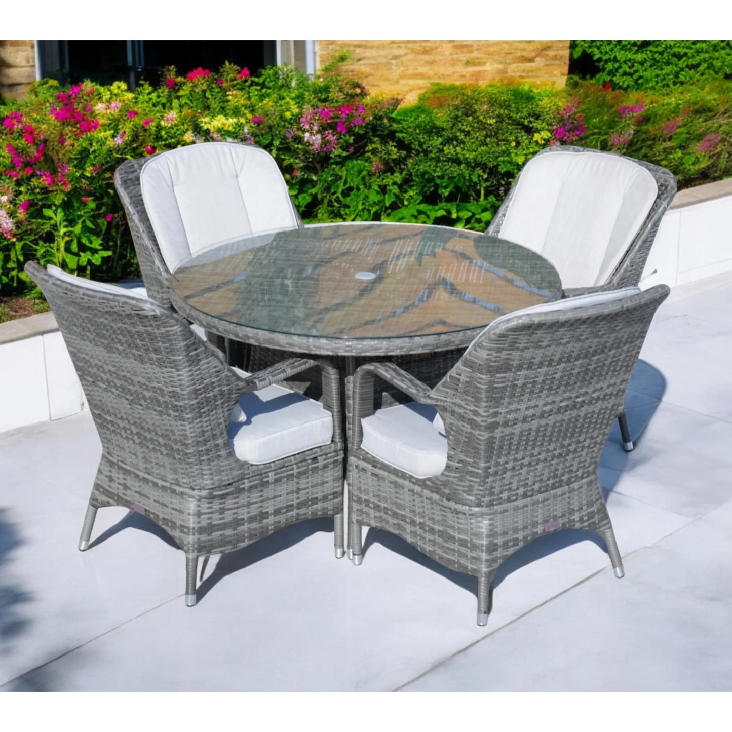 HMS Five-Piece Extendable Dining Set Modern Round Gray Glass Wood for Kitchen Living Room Hotel or Outdoor Home Furniture