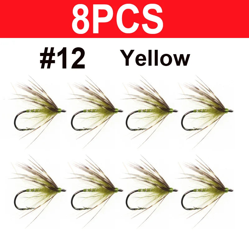 Vampfly 8PCS Size #12 Tenkara Nymph Wet Fly Trout Fishing Fly Soft Hackle Spider Trout Flies Bait Lures Black Orange Yellow