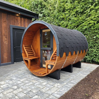 Wholesale Price Custom 4-6 Persons Outdoor Barrel Sauna Red Cedar Wooden Barrel Sauna Room with Harvia Stove
