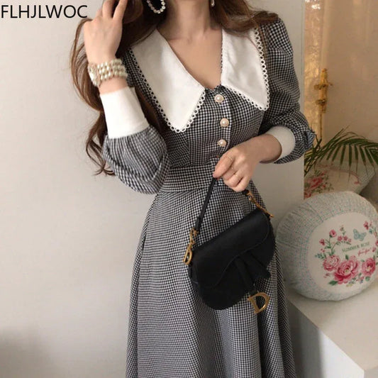 2021 Autumn Spring Basic Belt Plaid Shirt Dress Long Maxi Feminine Vestidos Chic Korea Design Clothes