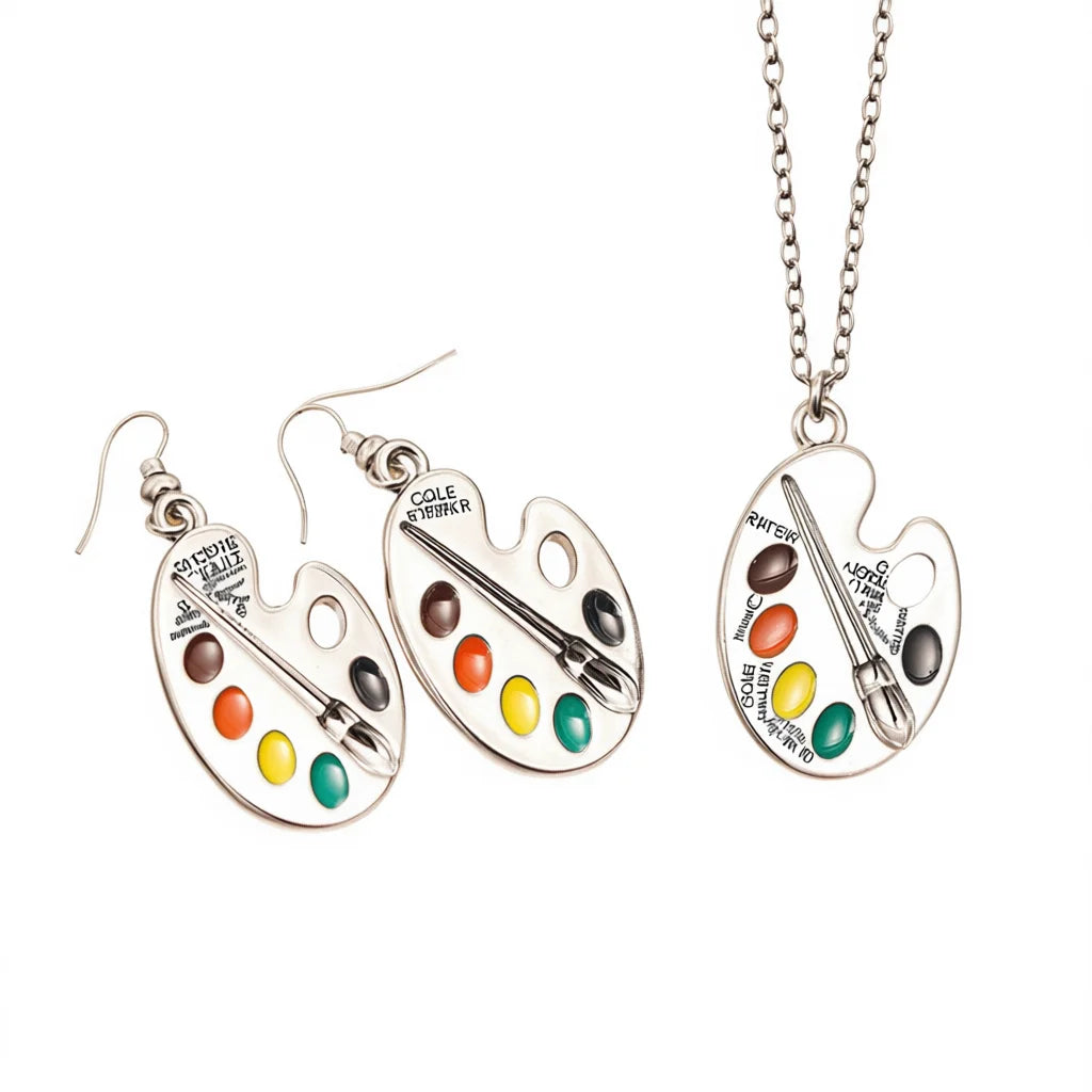 Cole & Jenna Paint Palette Jewelry Set 18K Gold Plated Zinc Alloy Necklace and Earrings Unisex Gift Vintage Style