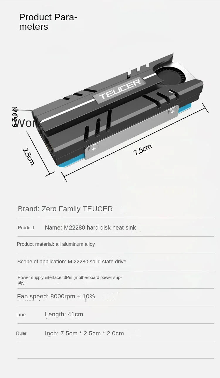 TEUCER M.2 2280 NVME SSD Cooling Vest Radiator Heat Sink with Fan in Stock
