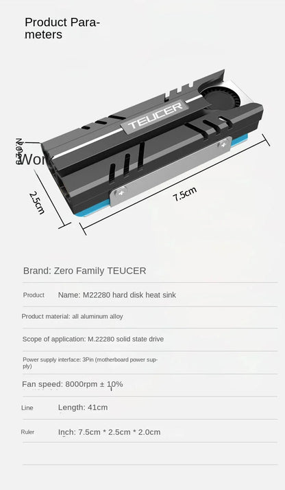 TEUCER M.2 2280 NVME SSD Cooling Vest Radiator Heat Sink with Fan in Stock