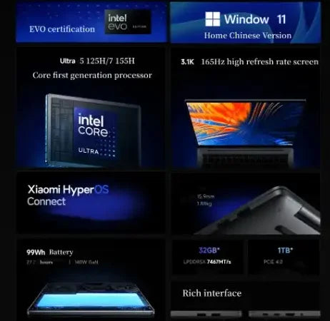 Hot-selling Xiao Mi Redmi Book Pro 16 2024 Light Laptop 16"3.1K 165Hz/Ultra 7-155H/32GB/1TB/ Window 11 Ultra-long Battery Life