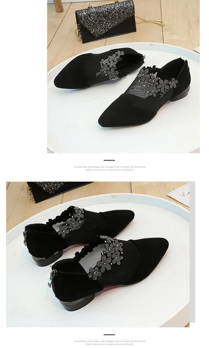 Women 2025 Summer Fashion Black Lace Rhinestone Sandals Flowers Low Heel Sandals Mesh Plus Size Sandalias Mujer Casual Shoes