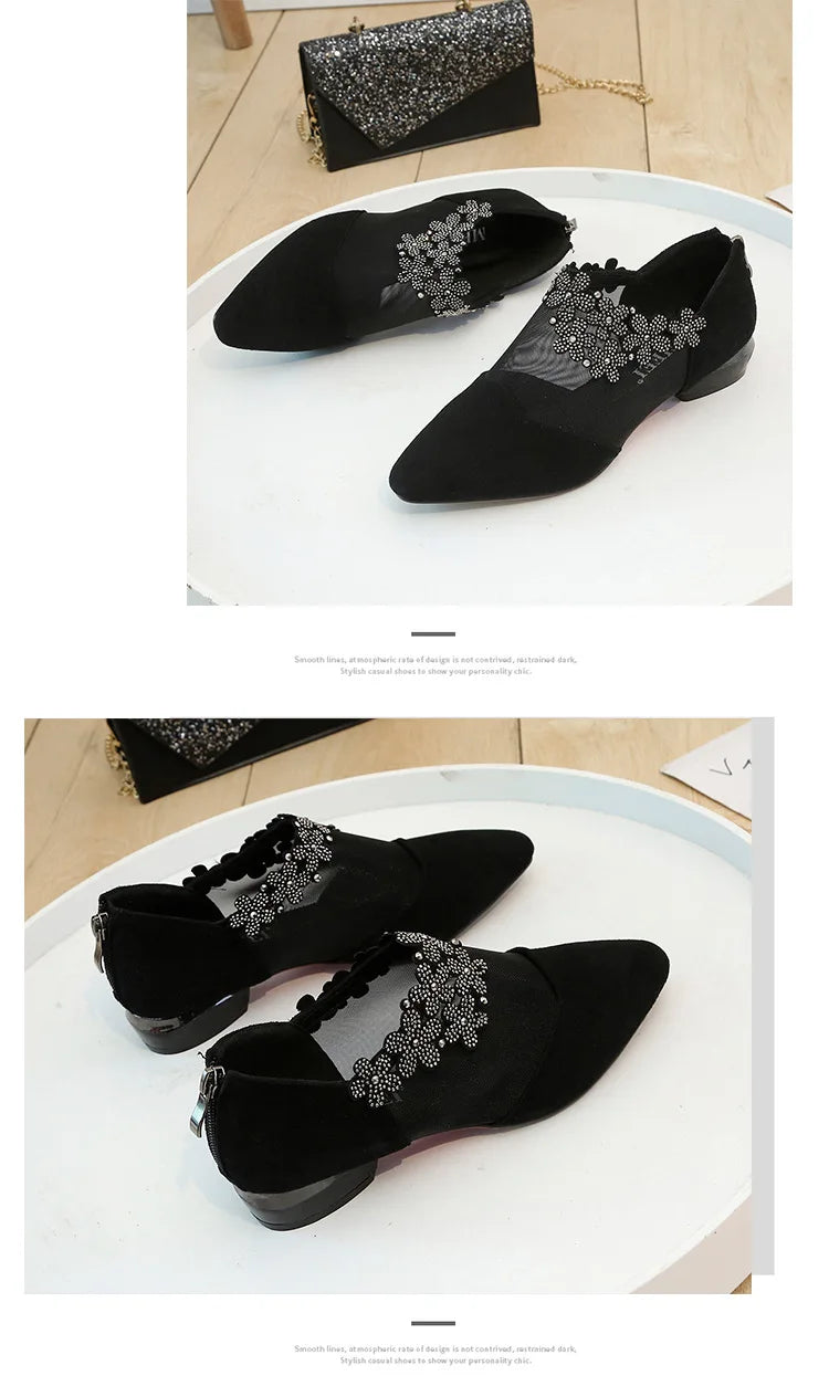 Women 2025 Summer Fashion Black Lace Rhinestone Sandals Flowers Low Heel Sandals Mesh Plus Size Sandalias Mujer Casual Shoes