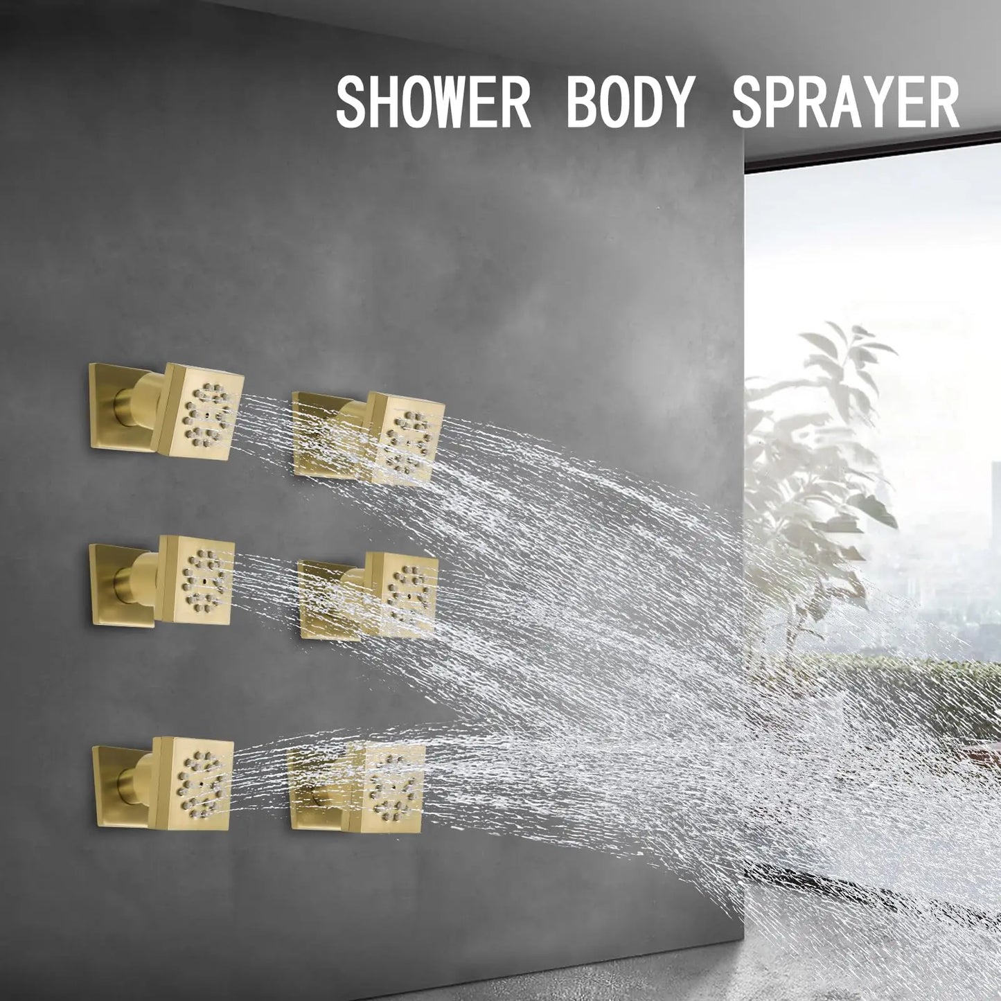 6-Piece 2-Function Square Rainfall Shower Set Brushed Brass Finish Wall-Mounted Contemporary Design High Pressure Thermostatic