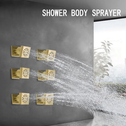 6-Piece 2-Function Square Rainfall Shower Set Brushed Brass Finish Wall-Mounted Contemporary Design High Pressure Thermostatic