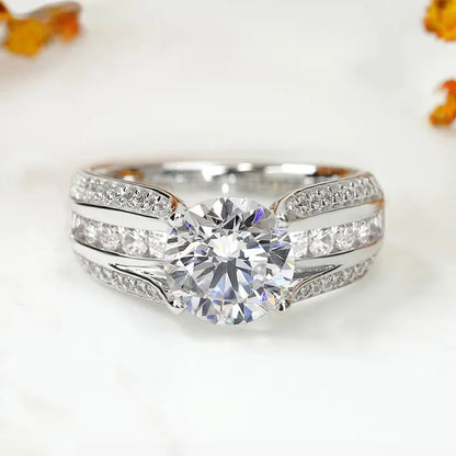 T0664 White Gold Diamond Ring Women's Engagement Natural Round Brilliant Cut D Color Side Diamonds