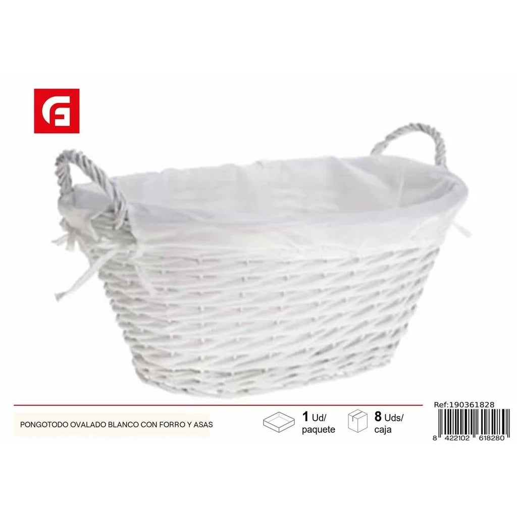 White oval storage bin with lining and handles for home organization