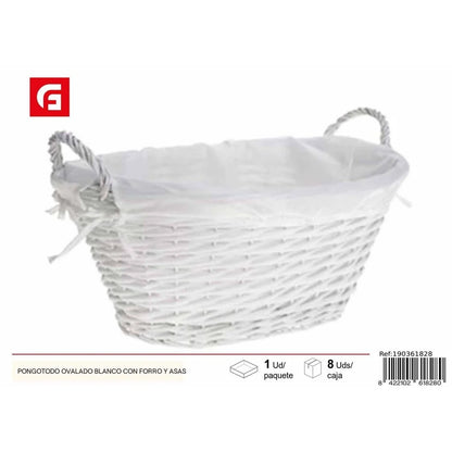 White oval storage bin with lining and handles for home organization