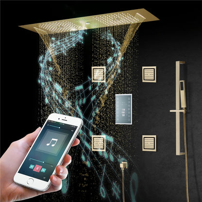 Brushed Gold Brass 36*12inch Music Led Water Column Rain&Waterfall Shower Head Temperature Display Touch Control Apartment