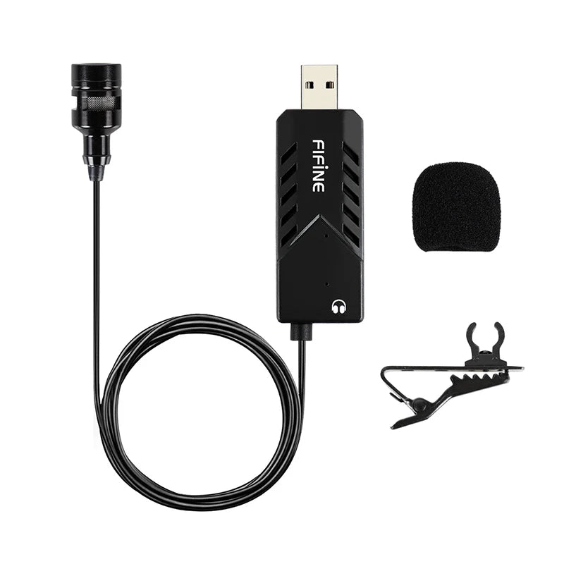 Fifine Mini USB Lapel Mic for Online Teaching Recording Clip-on Cardioid Condenser Lavalier Microphone for PC Laptop K053