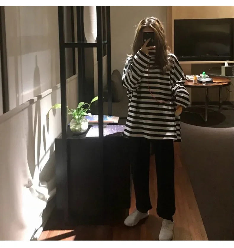 spring Autumn Women harajuku Striped Tshirt Long Sleeve O-Neck T-Shirts ulzzang Korean Casual  T Shirt Femme black Tops