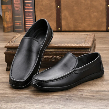 Men Genuine Leather Loafers Square Toe EVA Midsole Rubber Outsole Breathable Solid Pattern All Seasons Casual Shoes