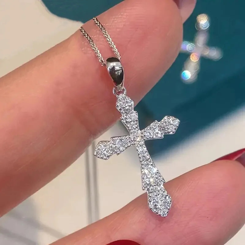 White Gold Cross Pendant With Round Brilliant Cut Diamonds Religious Jewelry Unisex Charm For Ceremonies