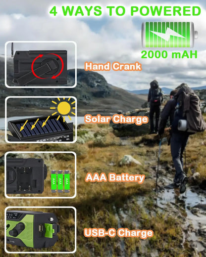CE Certified 2000mAh Solar NOAA Radio LED Multi-Power Source for Wildfire Safety Flashlight Clock Internet Radio FM Radio