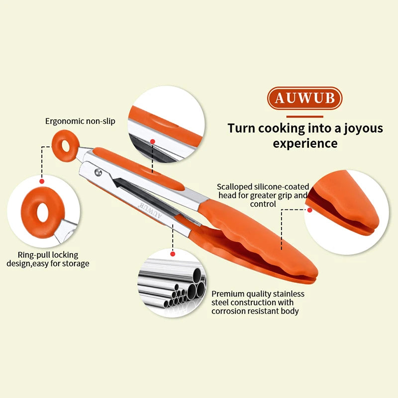 12 Inch Heat-Resistant BBQ Silicone Food Clip Grilling Locking Metal Silicone Foods Tong Kitchen Ergonomic Grip Tongs