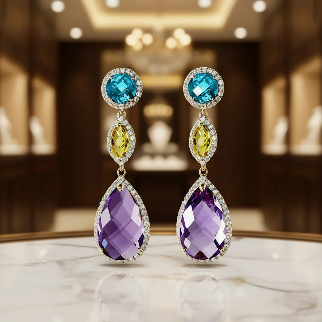 Golden Plated Crystal & Rhinestone Drop Earrings Amethyst Water Drop Shape Women Party Jewelry Romantic Style Fashion Dangle