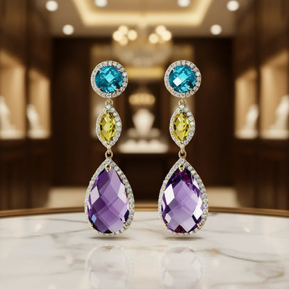 Golden Plated Crystal & Rhinestone Drop Earrings Amethyst Water Drop Shape Women Party Jewelry Romantic Style Fashion Dangle