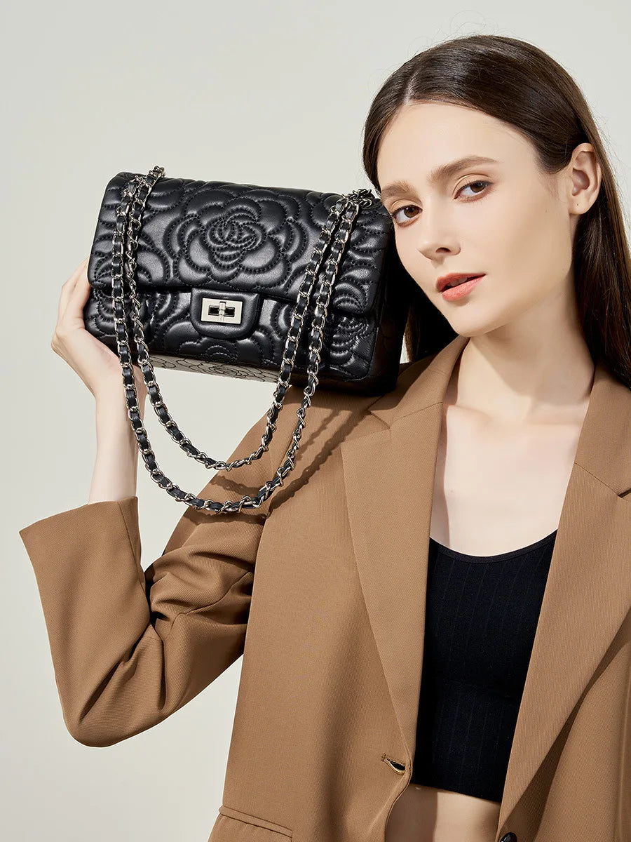 Fashion Goat Leather Bag Purse Tote Stitching Rose Handbag Metal Lock Genuine Sheepskin Crossbody Bag Handbags for Women