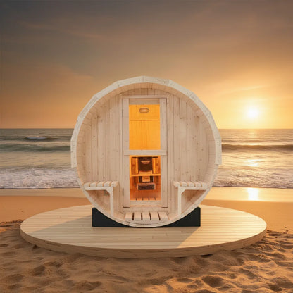 Large 6 Person Outdoor Barrel Sauna, White Pine Wooden Spa Cabin with Porch & Electric Heater USA Stock Fast Delivery