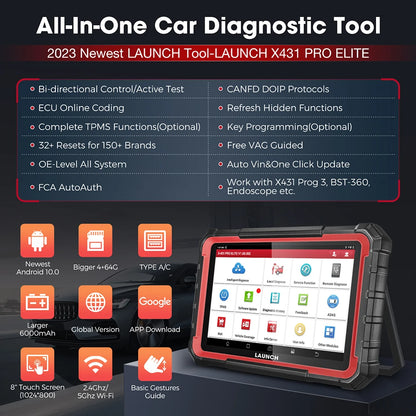 USA EU Warehouse LAUNCH X431 PRO ELITE Car Full System Diagnostic Tools OBD OBD2 Scanner 32 Reset CAN FD DOIP Code Reader