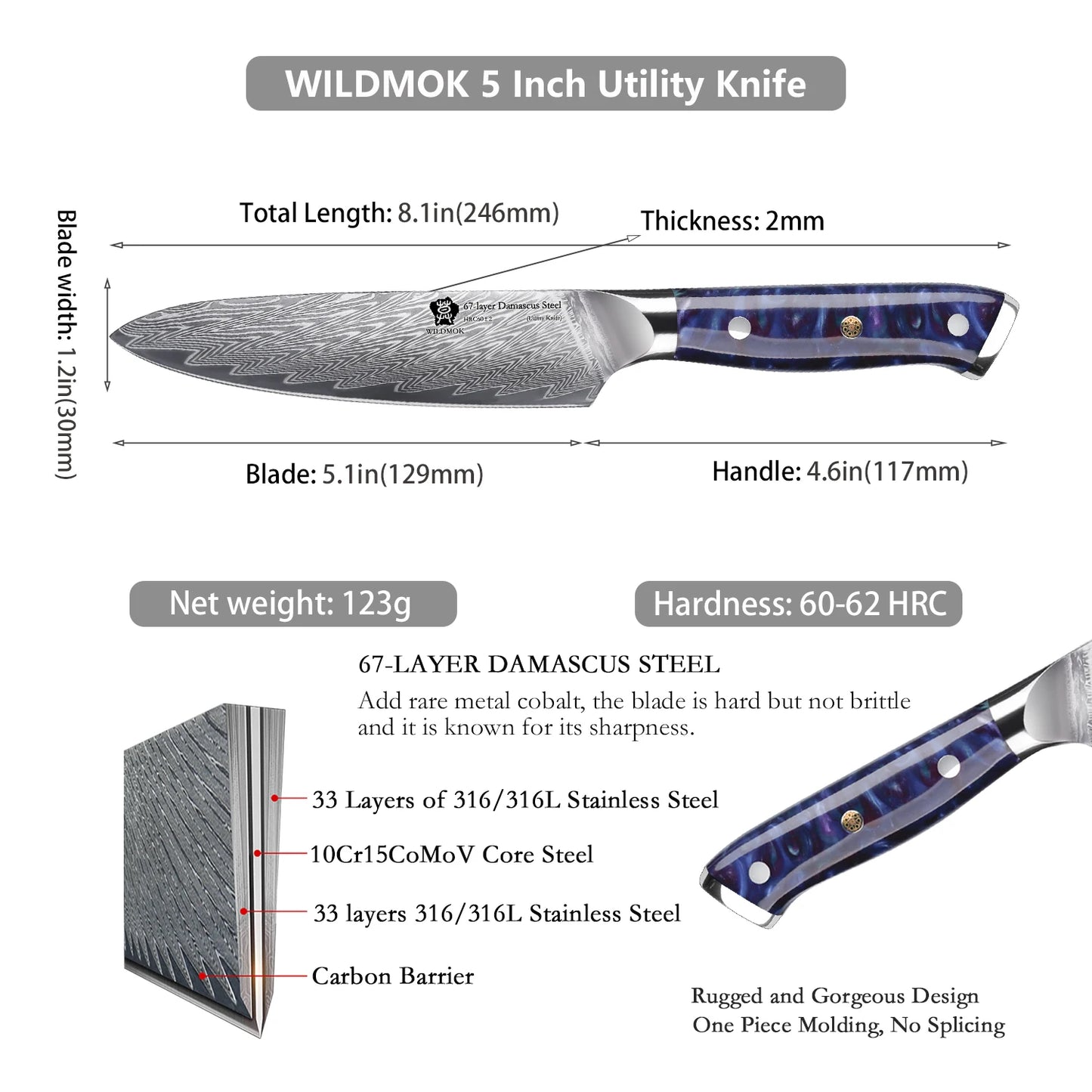 WILDMOK High Quality 5 Inch Utility Damascus Knife 67 Layers Damascus Steel Kitchen Paring Knife with Resin Handle