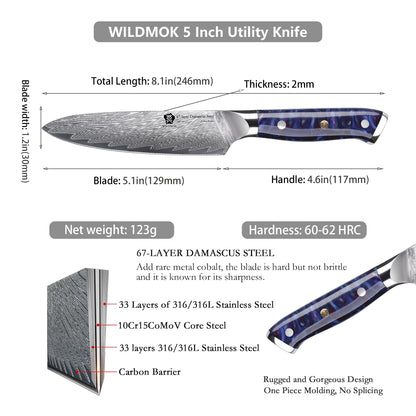 WILDMOK High Quality 5 Inch Utility Damascus Knife 67 Layers Damascus Steel Kitchen Paring Knife with Resin Handle