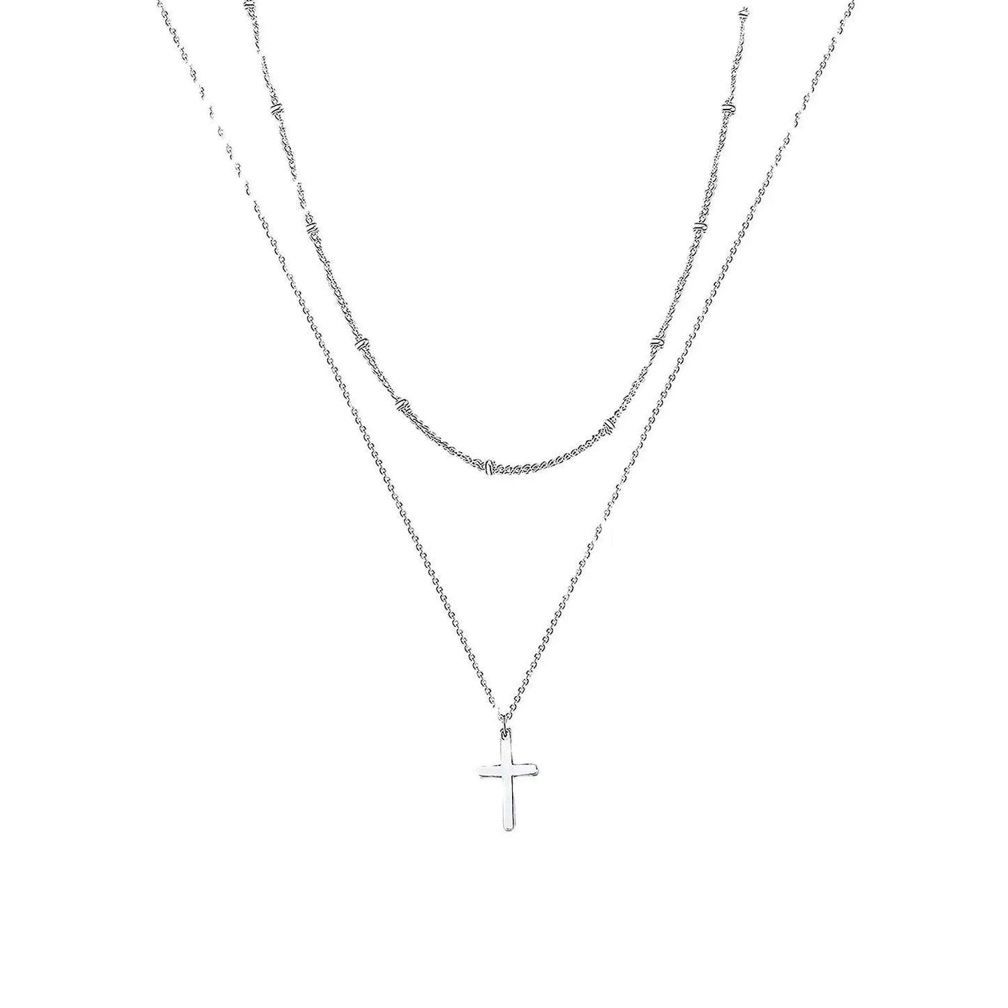 Simple Stainless Steel Cross Chain Clip Bead Necklace Stainless Steel Double Layer Cross Multi-Layer Necklace Women