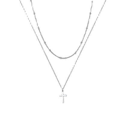 Simple Stainless Steel Cross Chain Clip Bead Necklace Stainless Steel Double Layer Cross Multi-Layer Necklace Women