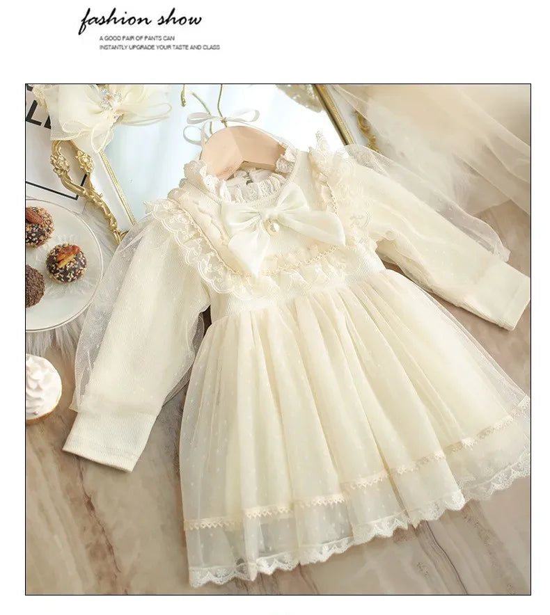 Girls Sweet and Lovely Ball Gown Princess Dress with Long Sleeves and Gauze Skirt Formal Style Baby Outfit Including Headbands