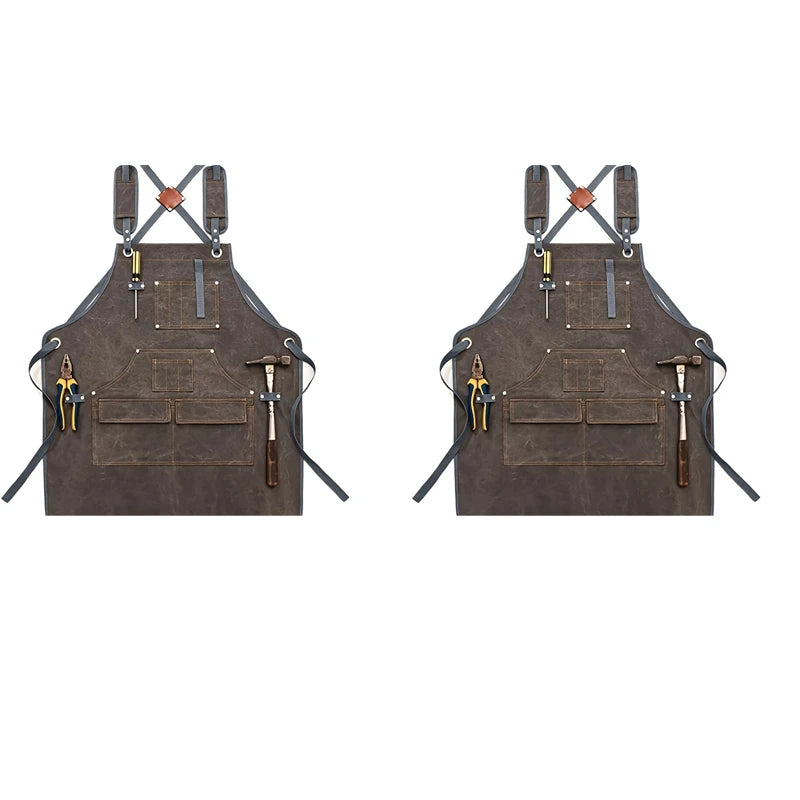 Durable Work Apron with Tool Pockets Heavy Duty Unisex Canvas Adjustable Cross-Back Straps Apron for Carpenter Painting Home BBQ