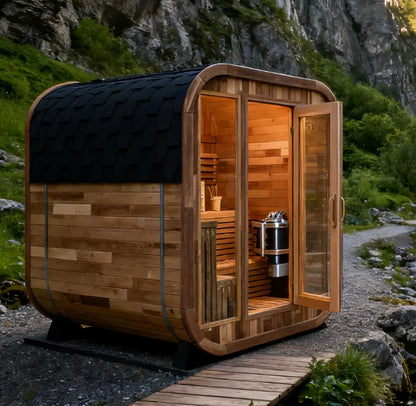 Cedar Square Barrel Steam Sauna 4-person Outdoor Garden Traditional Steam Sauna with Black Asfalt Roof Shingle Tiles