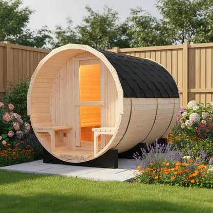 Premium Outdoor Barrel Sauna Kit for 6 | Backyard Spa & Steam Room in White Pine Wood